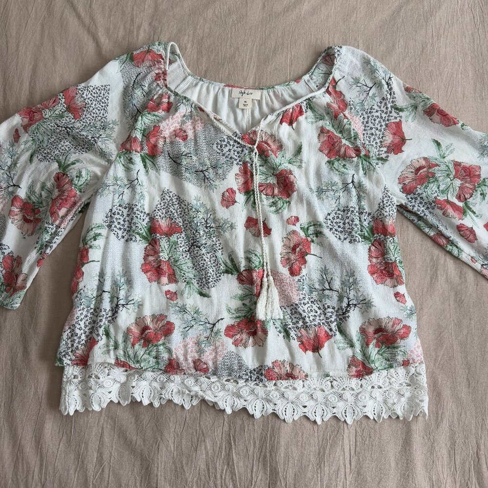 Style & Co Poppy Flower Print Peasant Top Size‎ M